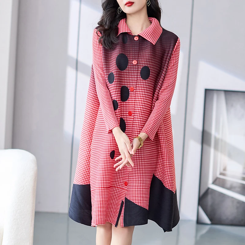 Miyake Pleated Plaid Print Dress Mid-length 2023 Spring Summer Large Size A-line Slim and Elegant Age-reducing Shirt Dresses