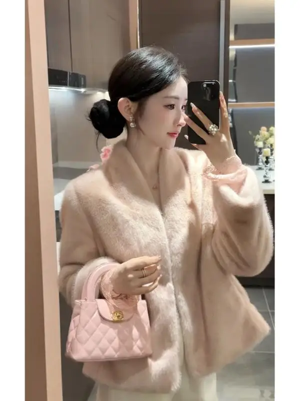

Pink Fluffy V-Neck Outerwear Women's Beautiful Winter Coat Trendy Cotton Jacket Commute Style Loose Fit Long Sleeve Button down