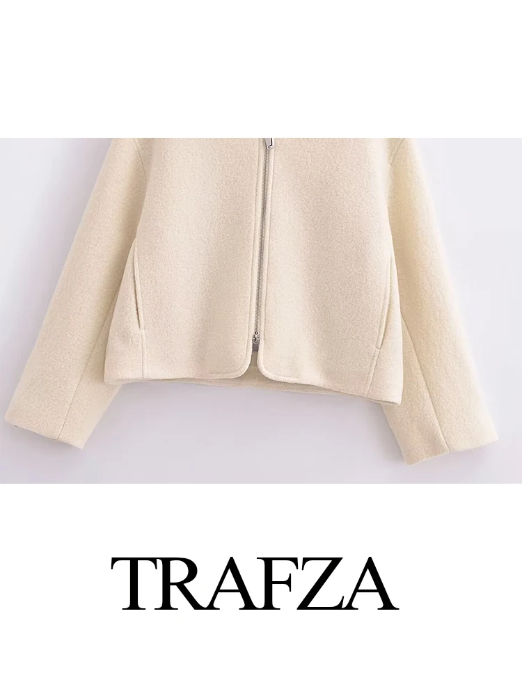 TRAFZA Women Elegant 2 Piece Set Solid Lapel Short Outerwears Long Sleeves Pockets Zip Coat 2024 Woman High Waist A Line Skirts