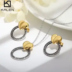 Kalen Crystals Heart Choker Necklace & Earrings Sets Stainless Steel Round Circle Clavicle Necklace for Women Jewelry