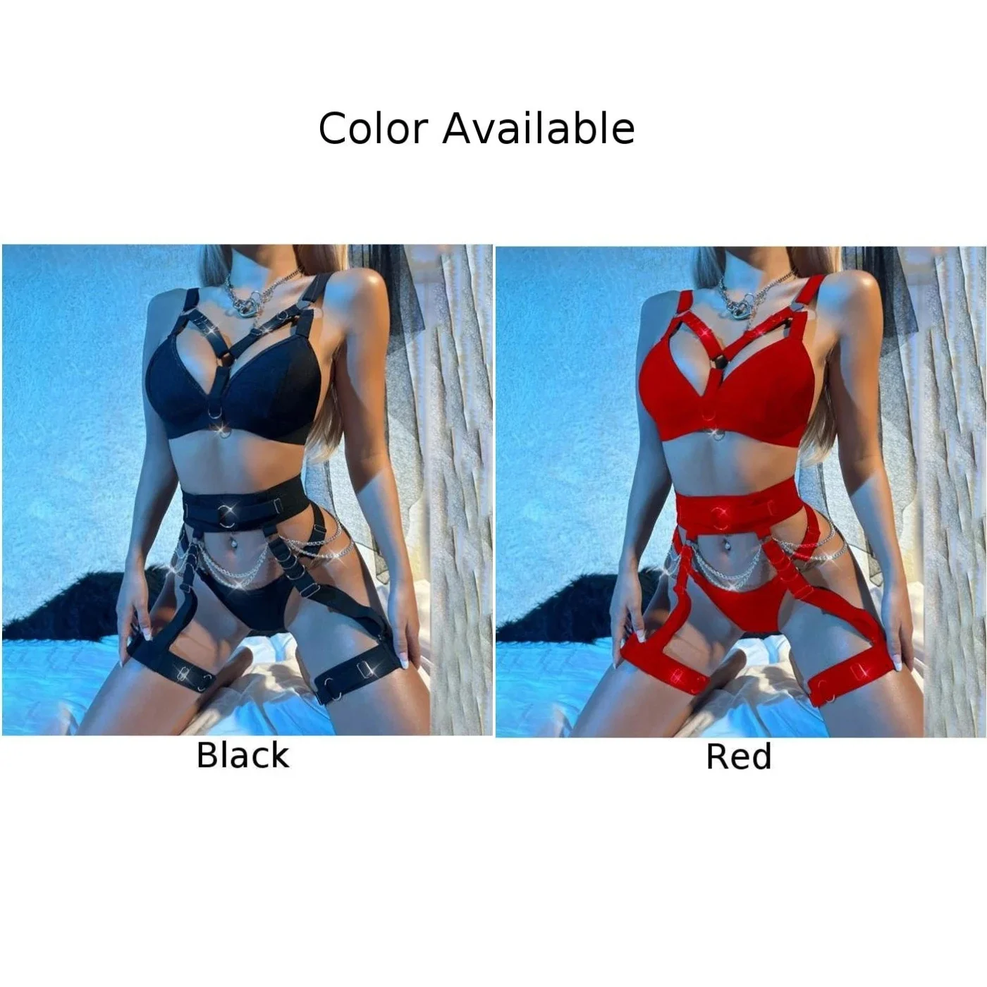 ملابس داخلية نسائية مثيرة مكونة من 3 قطع حمالة صدر بسلسلة G مجموعة رباط ملابس نوم على الطراز القوطي سلسلة معدنية منظور ملابس داخلية مع حزام رباط