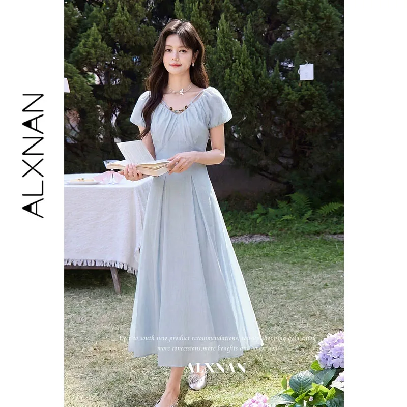 ALXNAN Women's Blue Summer Long Dress V-neck Beaded Detail Puff Sleeve Vacation Dress Fashion Elegant Ladies Dresses L65395A