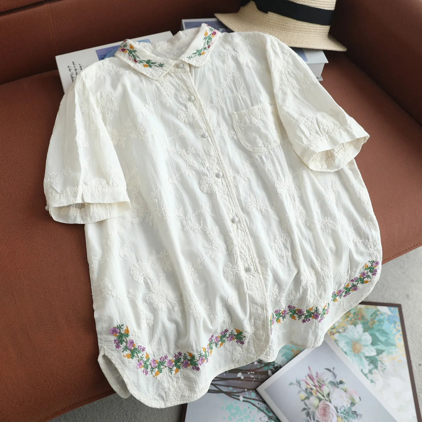 

Japanese Sweet Mori Girl Floral Embroidery Cotton Shirts Women Summer Turn Down Collar Short Sleeve Casual Loose Blouse Tops