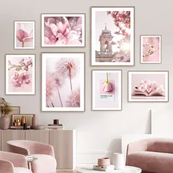 Spring Pink Rose Peony Sakura Dandelion Orchid Sparrow Car Garden Posters Flower Wall Art Canvas Painting Home Room Decor