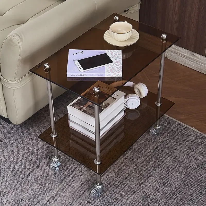 

Stainless steel living room simple glass coffee table modern rectangular bedside 2-layer small apartment tea table coffee tables