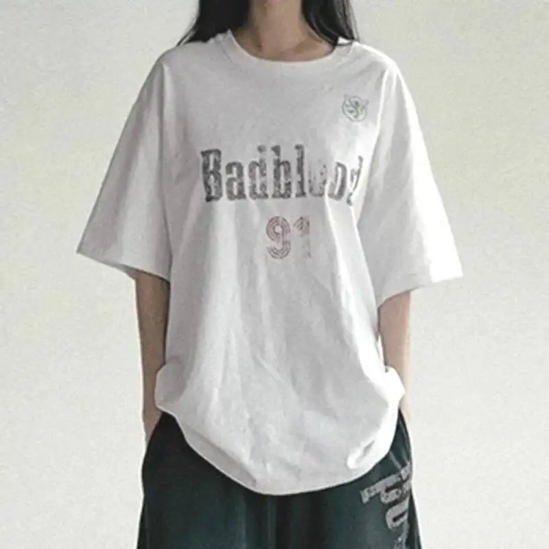 Letter Print Fuzzy Font Round-neck T-shirt Women Summer Fashion Retro Loose Street Trend Casual Multi Style Comfortable T-shirt