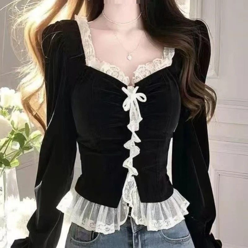 

Autumn and Winter Black Velvet Shirt Fashion New Long Sleeve Chic Top