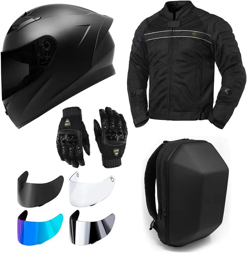 

Motorcycle Protective Gear Bundle (Premium Pack) - Helmet, Jacket, Gloves, Shields, Backpack (XL)