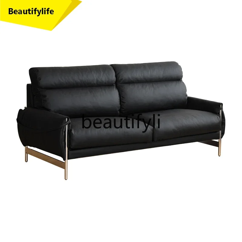 

smt1 Leather sofa Nordic retro leather living room three people straight row modern simple high backrest AA