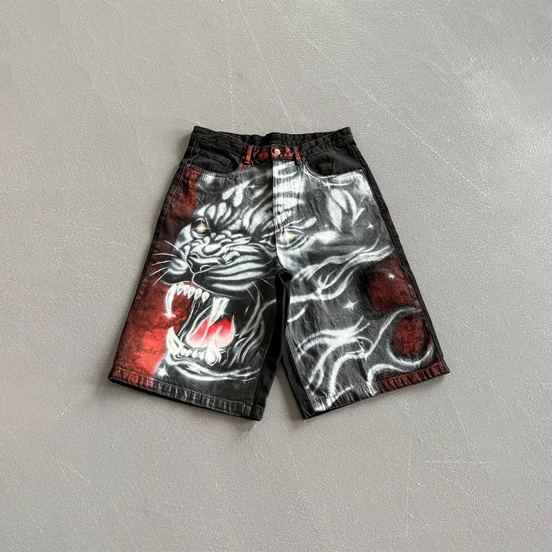 

Y2K Fashion Distressed Shorts Animal Pattern Printing High Quality Loose Denim Shorts Casual Men Women Comfort Trend Streetwear