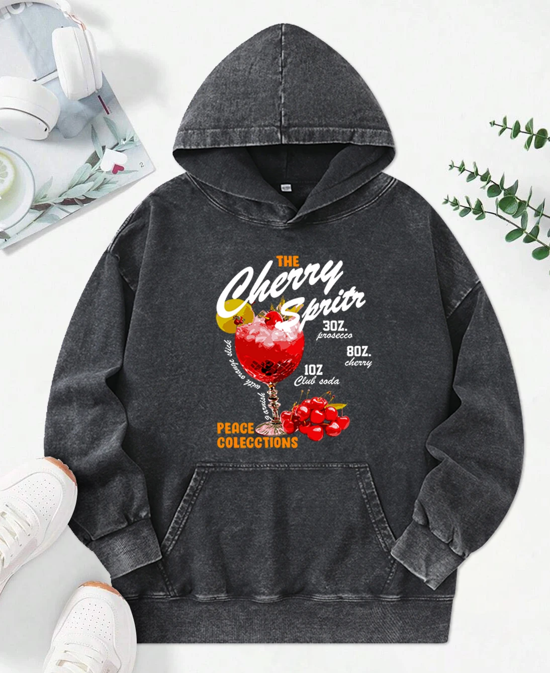 The Cherry Sprits  Print Women Washed Hoodie Street Comfortable Hoody Fashion Cotton Clothes Casual All-Match Female Pullover