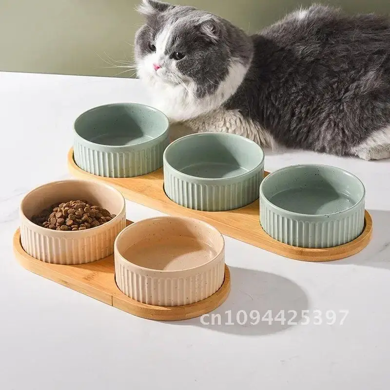 850ml Dogs Ceramic Bowl Double Triple Cat Food Water Bowls with Wooden Pallets Nordic Pet Drinking Eating Feeding Feeders