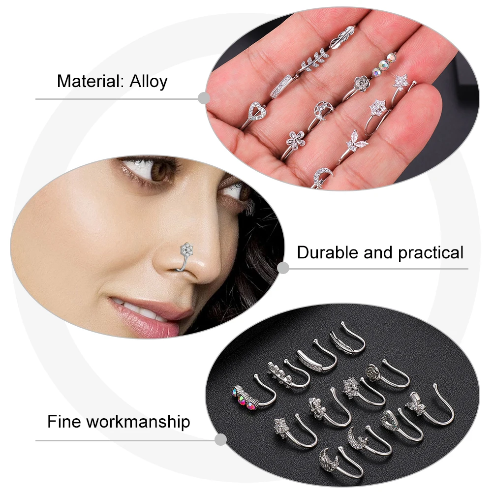 

12pcs No Piercing Clip Jewelry Lady Nose Ring Fine Polish For Party Festival Dance Fashion Nose Adornment Accessory
