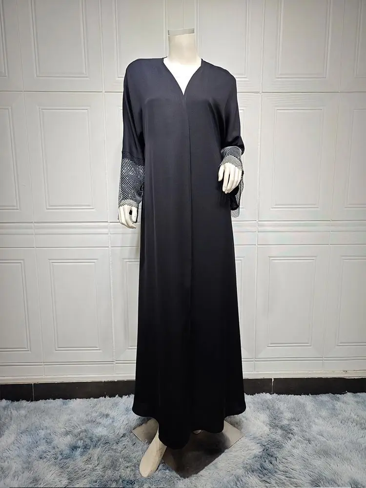 Muslim Ramadan Eid Open Kimono Abaya Kimono Coat Muslim Robe For Women Islam Retro Elastic Drilling Net Clothing For Party