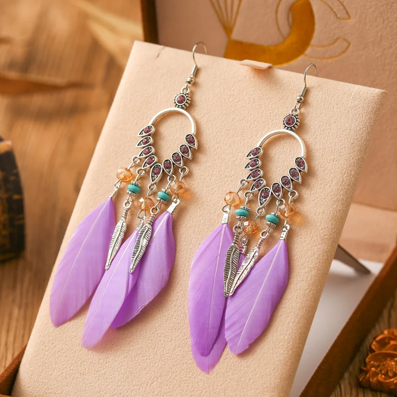 Boucles d'oreilles bohème ethnique goutte d'eau violette pour femme, boucle d'oreille plume, élégante, noble, goutte d'huile, perle de riz, fête, bijoux de mariage