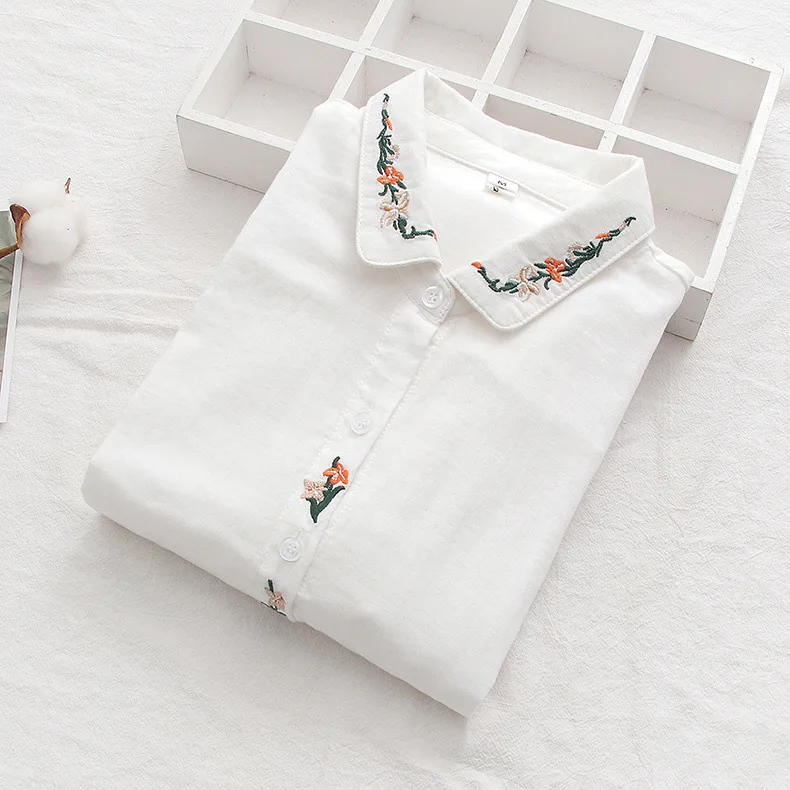 New Spring Cotton Casual Long Sleeve Shirt Women Lapel Embroidery Top Mori Girl Loose Fashion Sweet Blouses 2024 Summer T45855QM