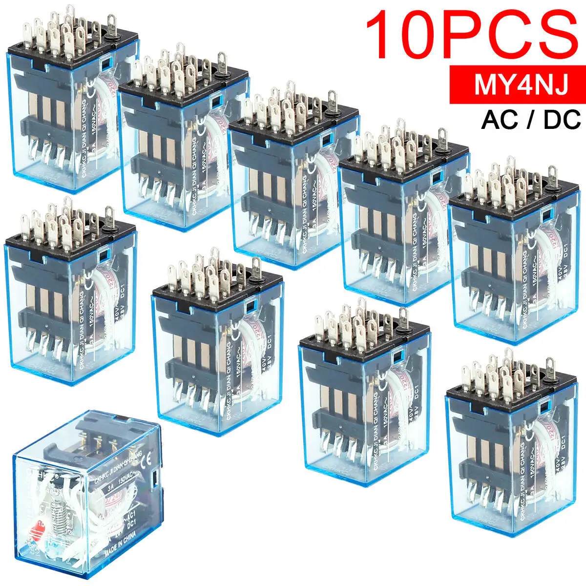 10Pcs MY4NJ DC AC Coil Relay 6V 12V 24V 36V 110V 220V 380V  LED Indicator Power Relay HH54P 4PDT 14Pin 4NO 4NC MY4N-J Switch