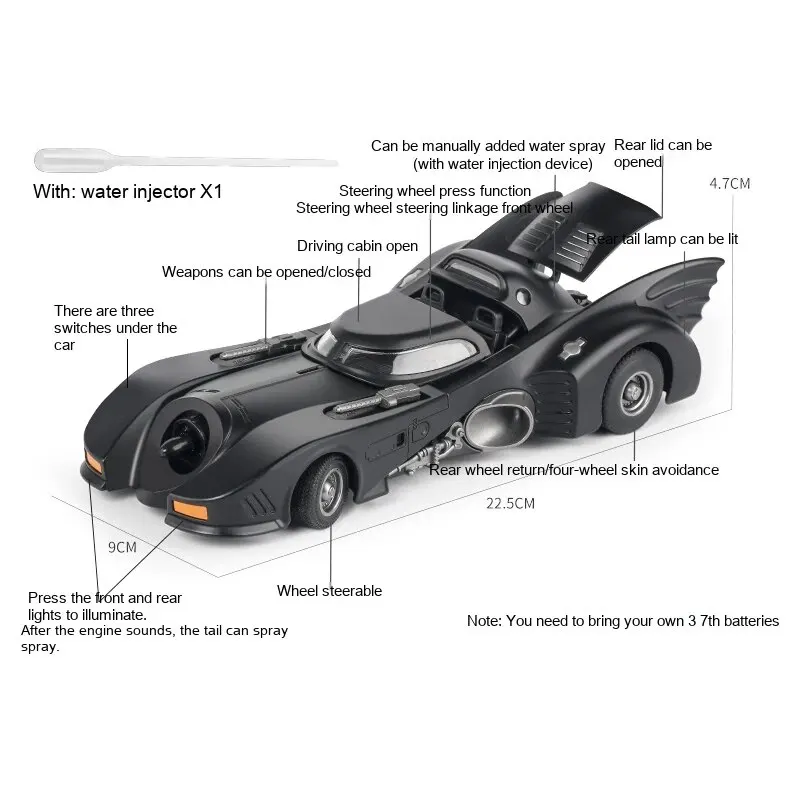 1:24 1989 Coche fundido a presión Batmobile con figura de Batman, juguetes para niños y adultos, negro