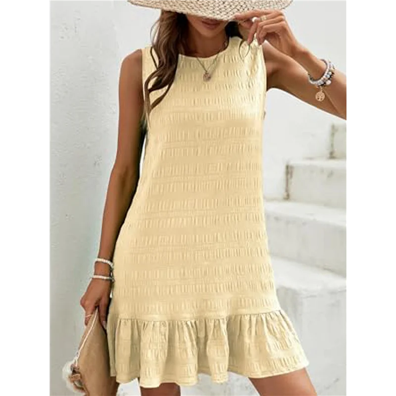 CGS-Women's Ruffle Hem Sleeveless Tank Dress Round Neck Casual Smock Summer Mini Dresses