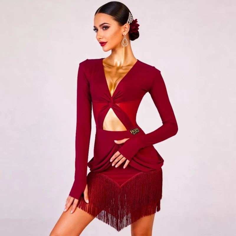 

Сексуальный костюм для латиноамериканских танцев для женщин: топ и юбка с бахромой для чачи, для взрослых, для соревнований, сценический костюм XS10916