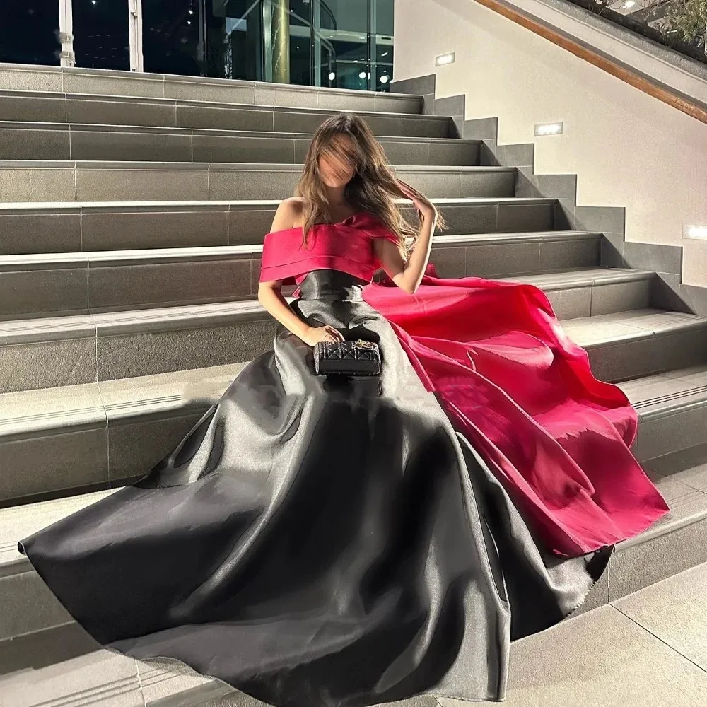 Flora Dress Black Satin Evening Dress Floor-Length A-Line Off The Shoulder Dubai Saudi Arabia فساتين سهرة Prom Gown With Shawl