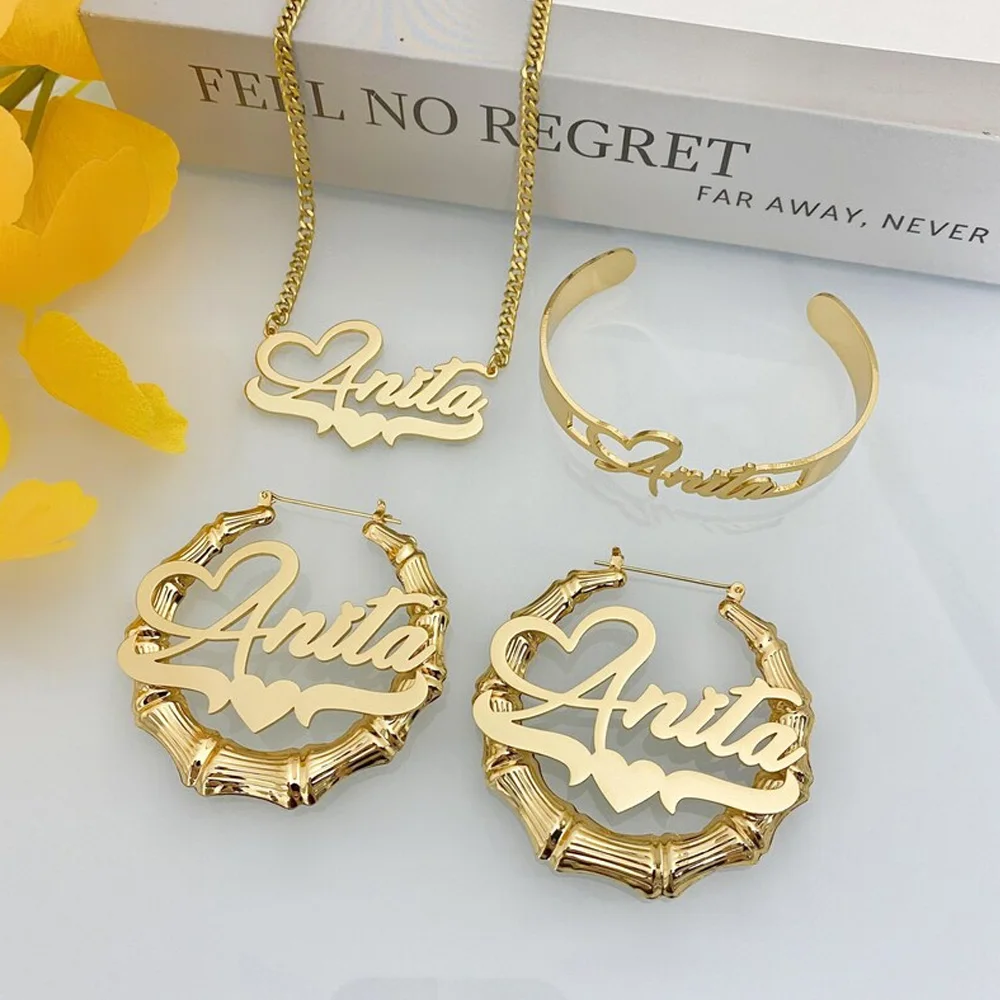 Custom Name Necklace Bracelet Bamboo Earrings Personalized Stainless Steel Bangle Necklace for Women Jewelry Set Christmas Gift