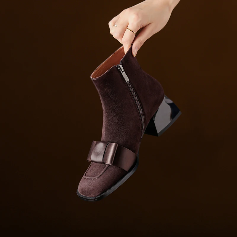 

Women Genuine Sheepskin Square Toe Short Boots Bow Detail Chunky Heel 5cm Casual Shoes