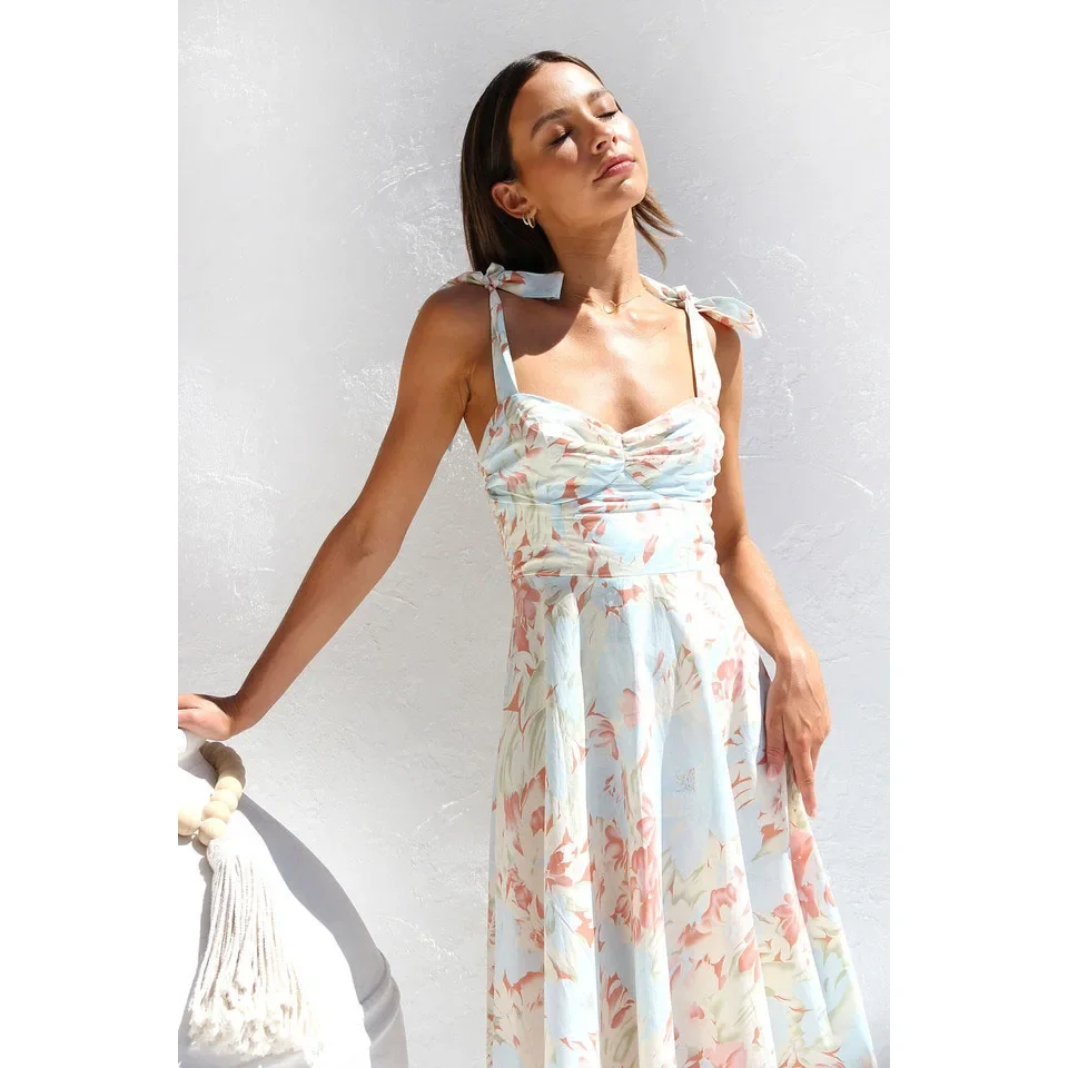 CPSYMYM Plus Size Lady Spring Summer Dress Green Floral Print V-Neck Long Dresses Casual Bohemian Sleeveless Women Beach Party D