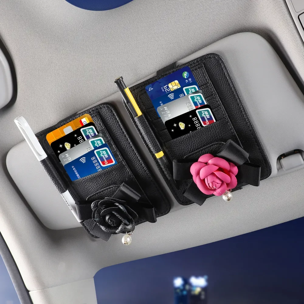 

Dream Car HomeCar Interior Accessories Sun Visor Organizer Camellia Flower Leather Business Card Storage Sunglasses Holder Visor