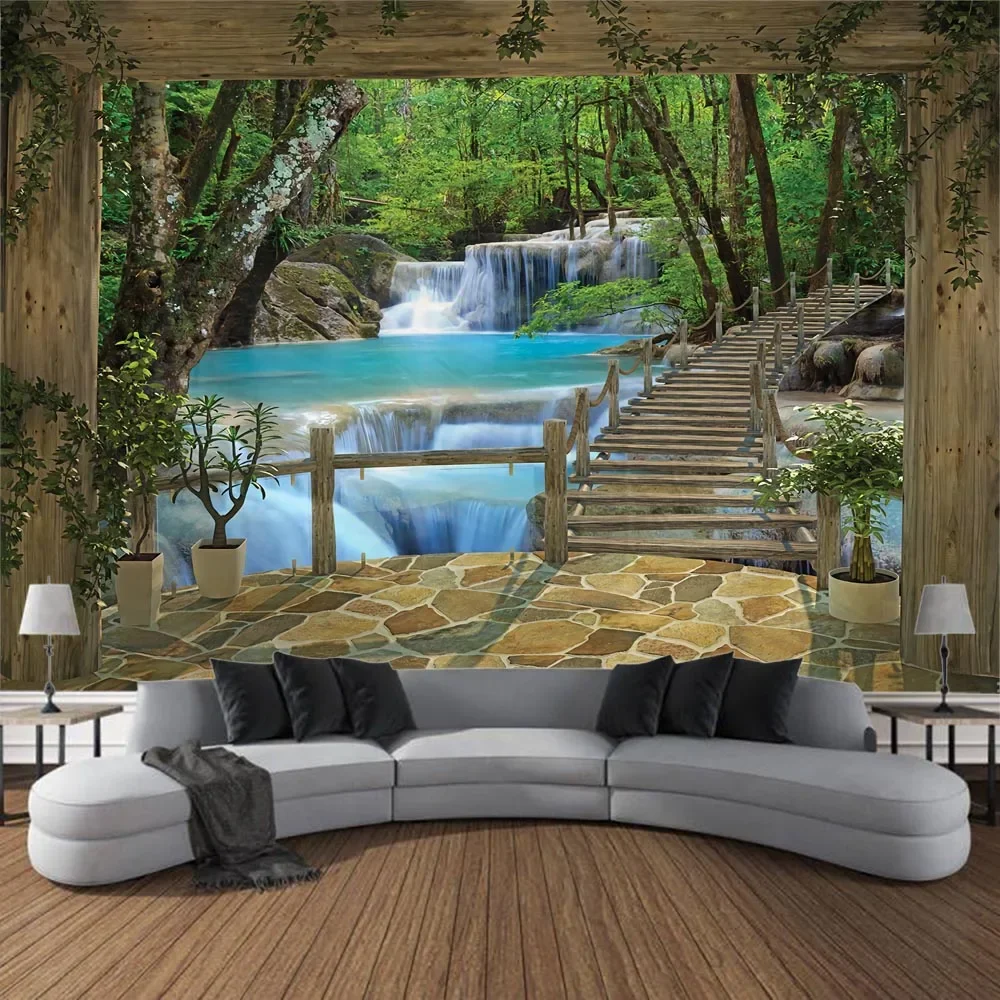 3D balcony landscape waterfall tapestry wall hanging bohemian sea sky aesthetic room art decoration fabric large background wall