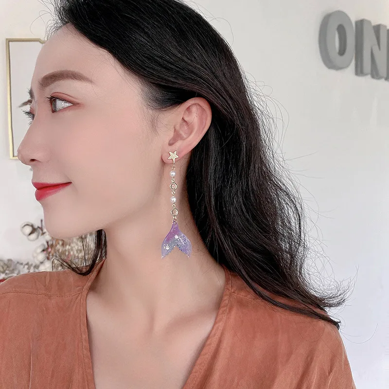 Koreaanse Nieuwe Blauwe Fishtail Lange Oorlijn Oorbel Voor Vrouwen Prachtige Imitatie Parel Kwastje Zirkoon Blad Oorbellen Partij Sieraden