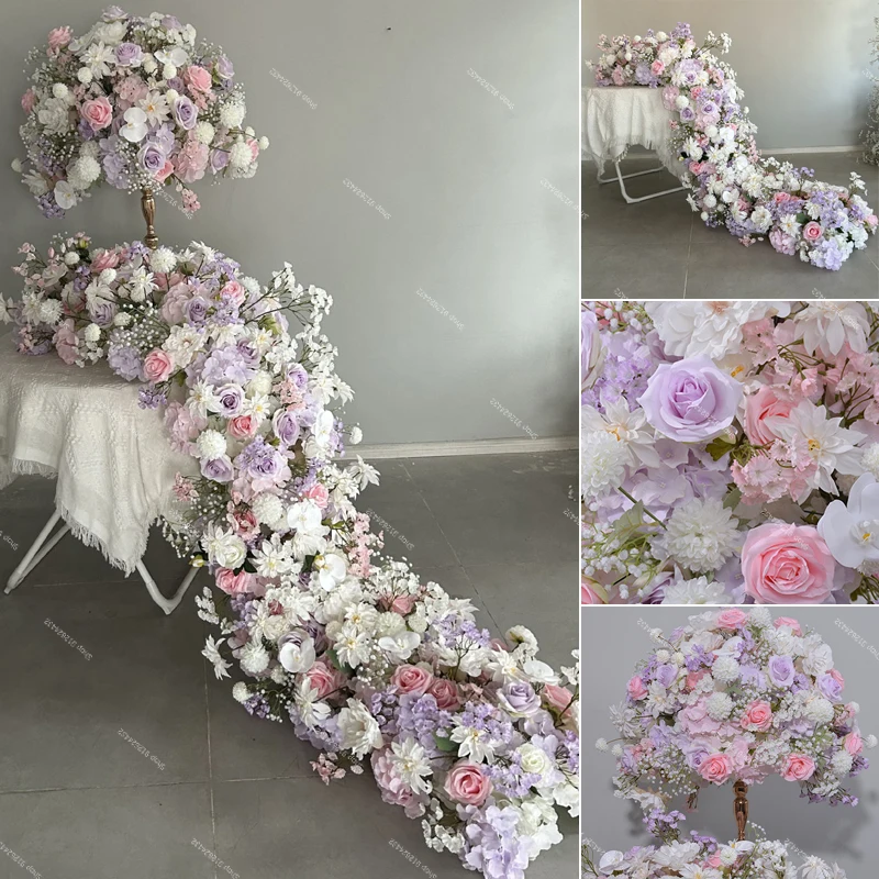 

Purple Rose Baby Breath Artificial Flower Row Wedding Table Centerpiece Flowers Backdrop Wall Arches Decor Party Stage Floral