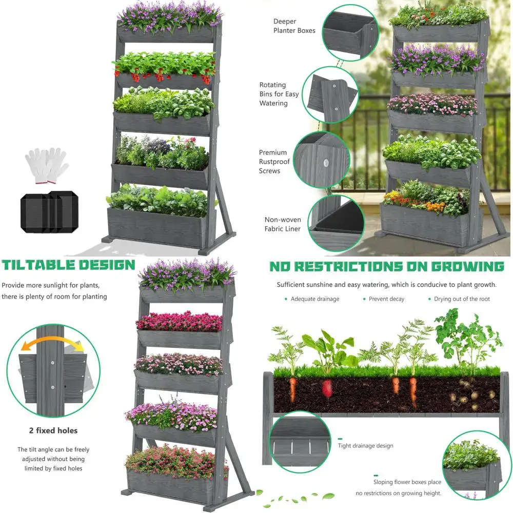 

5 Tier Vertical Wooden Garden Planters - Freestanding Multi-Level Raised Bed Stand for Flowers and Plants