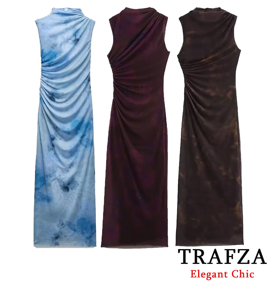

TRAFZA-Women Holiday Casual Tulle Mesh Dress Printed Slim Hip-wrapped Dress New 2025 Fashion Spring Summer Beach Sexy Long Dress