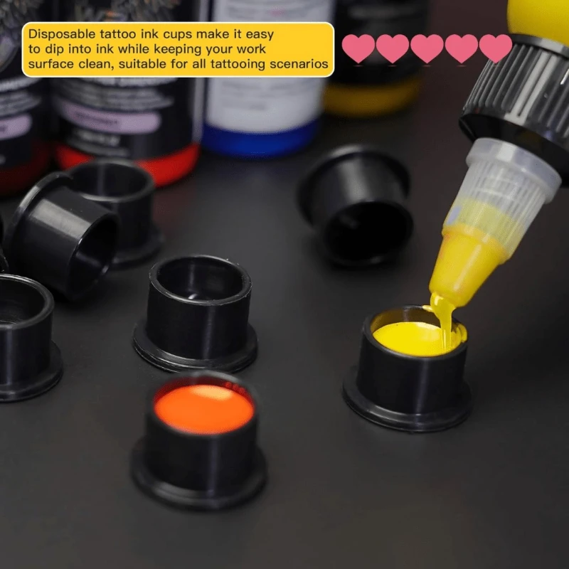 200PCS Disposable Black Tattoo Ink Cups Small S/Medium M/Large L Plastic Tattoo Ink Holder Stable Self-standing Tattoo Ink Caps