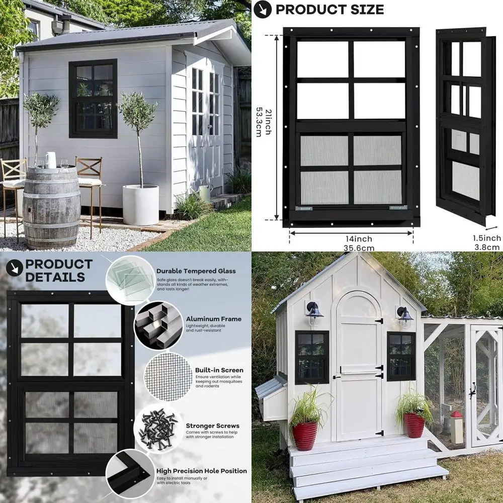 

14x21 Inch Tempered Glass Chicken Coop Windows, 2-Pack, Flush Mount, for Sheds, Barns, Playhouses, and Garages (Black)