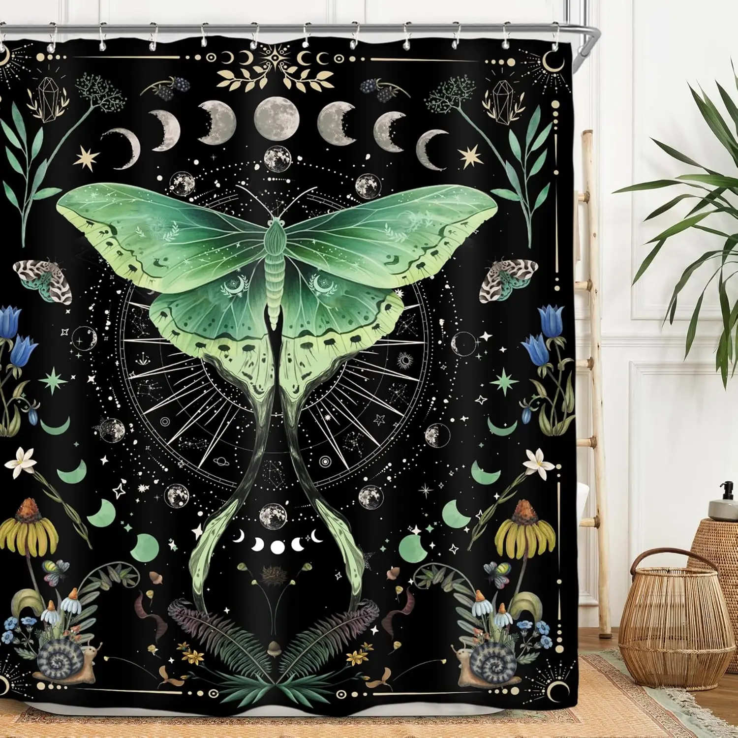 

Witchy Gothic Shower Curtain - Moon Phase & Teal Wildflower Design,Mysterious Night Botanical Polyester,60x71 Inch with 12 Hooks
