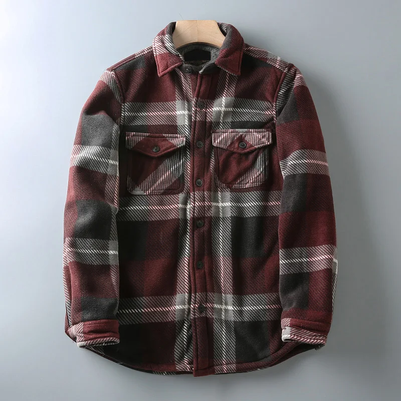 Fleece-Lined Thickened Warm Clothes, Added to Cotton, Padded Clothes Men's Casual Plaid Long Sleeve Shirts, Outerwear Top