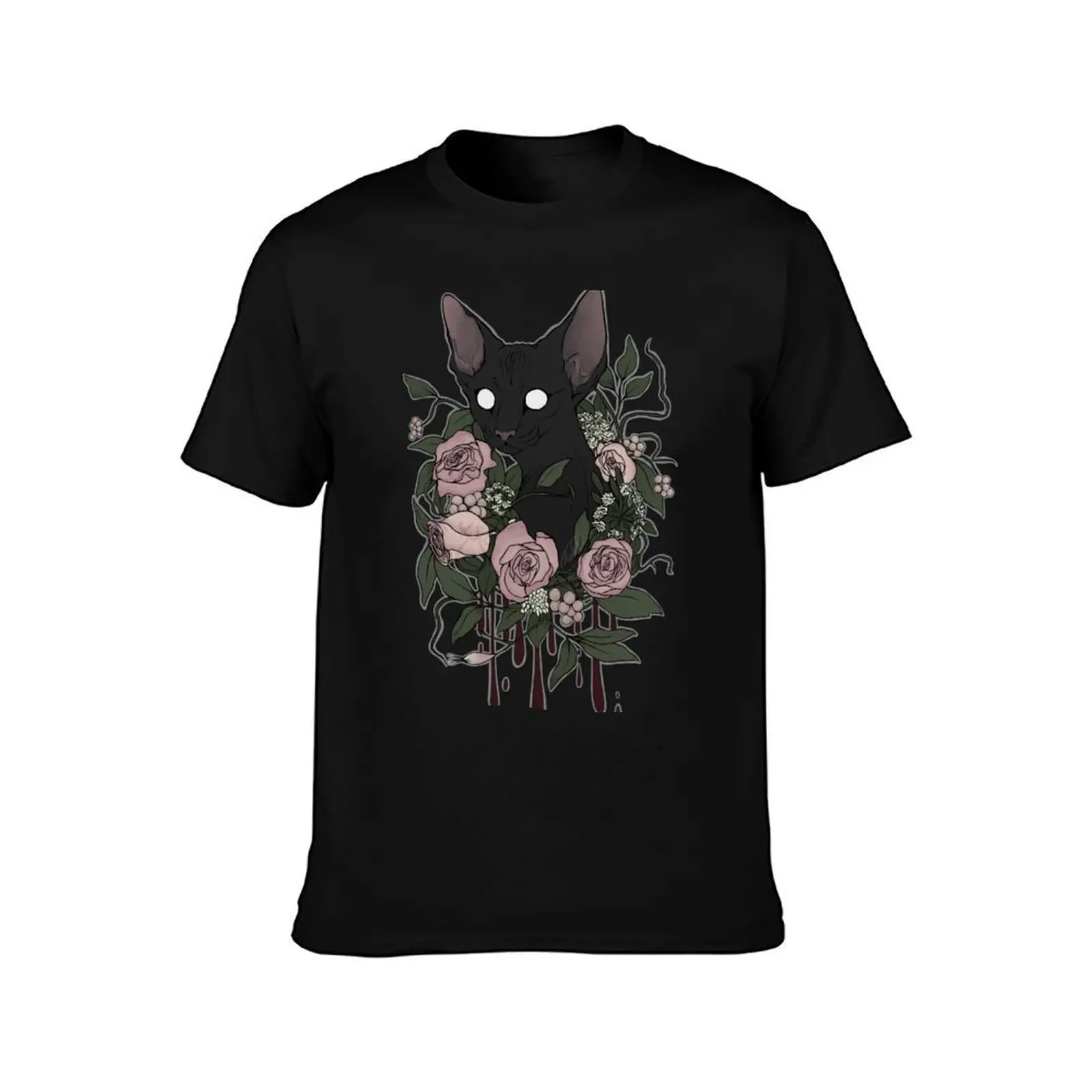 Dark Floral Feline T-Shirt, Summer Casual Cotton Tee, Oversized Streetwear Tops, Vintage Graphic Print, Loose Fit Short Sleeve