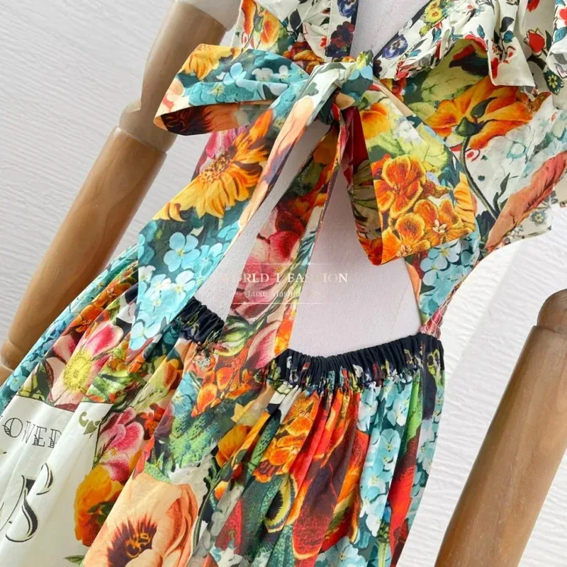 Multi Color Floral Green Forest Floral Print Sleeveless Ruffles Frilled Midi Dress 2025 Cotton