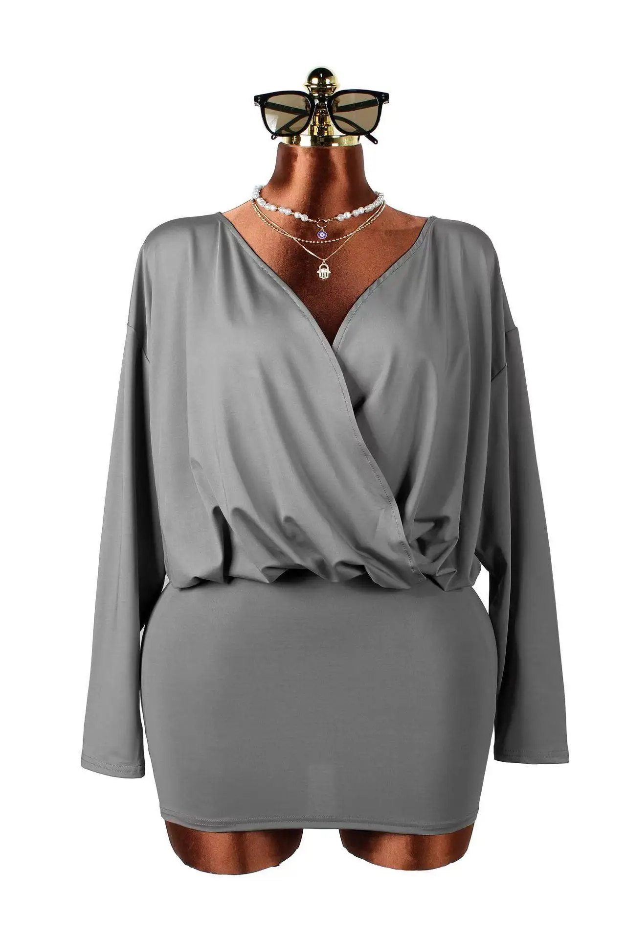 

Bodycon Dress for Women Autumn 2025 Mini Sexy V-Neck Elegant Peach Hip Full Sleeve Skirt Banquet Party Clubwear Skinny Dresses