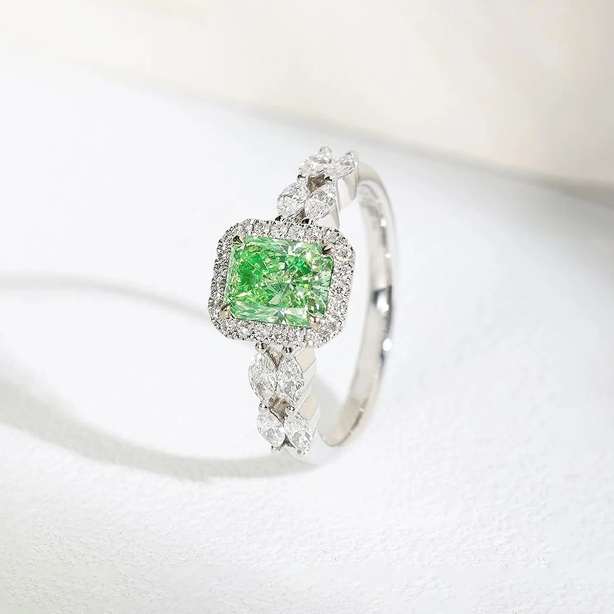 New Design Green Radiant Cut Diamond Wedding Ring 14K White Gold Two Rows Marquise Diamond Real Green Radiant Cut Diamond Band