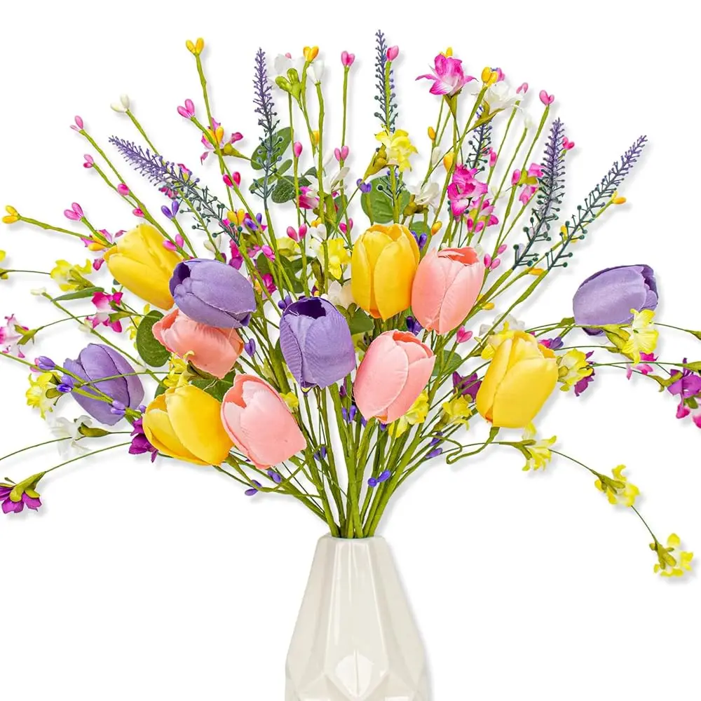 

Искусственные весенние цветы, 12 штук, 17-дюймовые стебли с розовыми, желтыми, фиолетовыми тюльпанами и полевыми цветами для декора