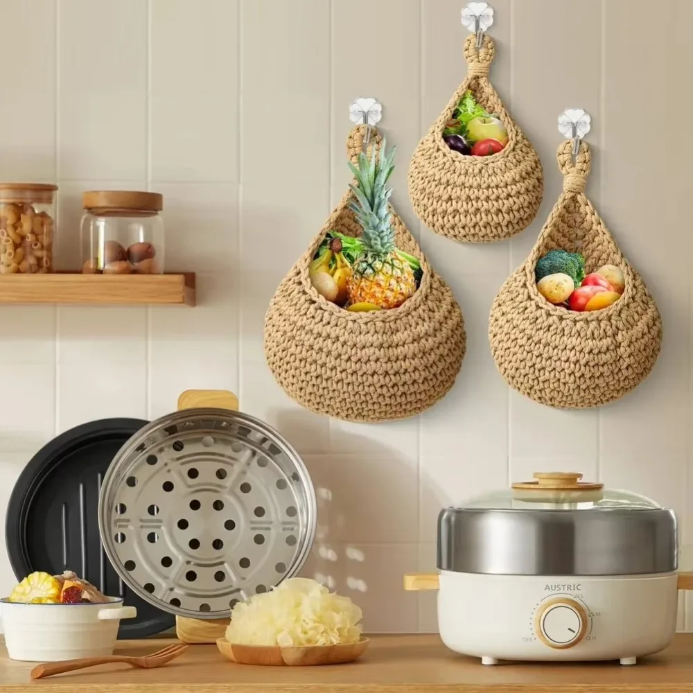 New Wall-mounted Fruit Vegetable Basket Simulated Rattan Water Droplet Storage Basket Woven String Bag Home Decoration