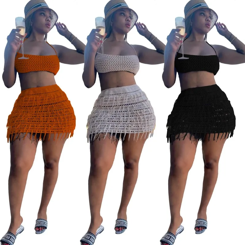 Women Hand Crochet Knitted Tassel Holiday Beach Two Piece Skirt Set