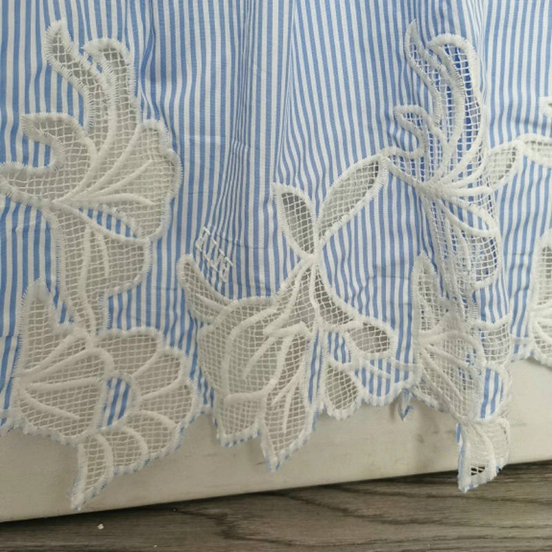 Blue Yarn-dyed Cloth Skirt Bilateral Floral Embroidery Cotton Fabric By The Meter view 3