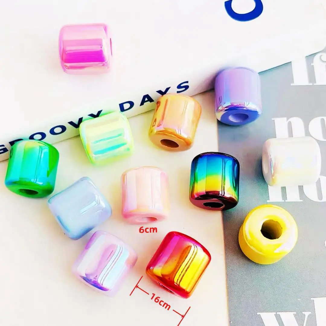 

Newest 50pcs/lot AB Colors Geometry Barrel Acrylic Jewelry Beads 16mm Big Hole Ornament Accessory Necklace Bracelet Spacers