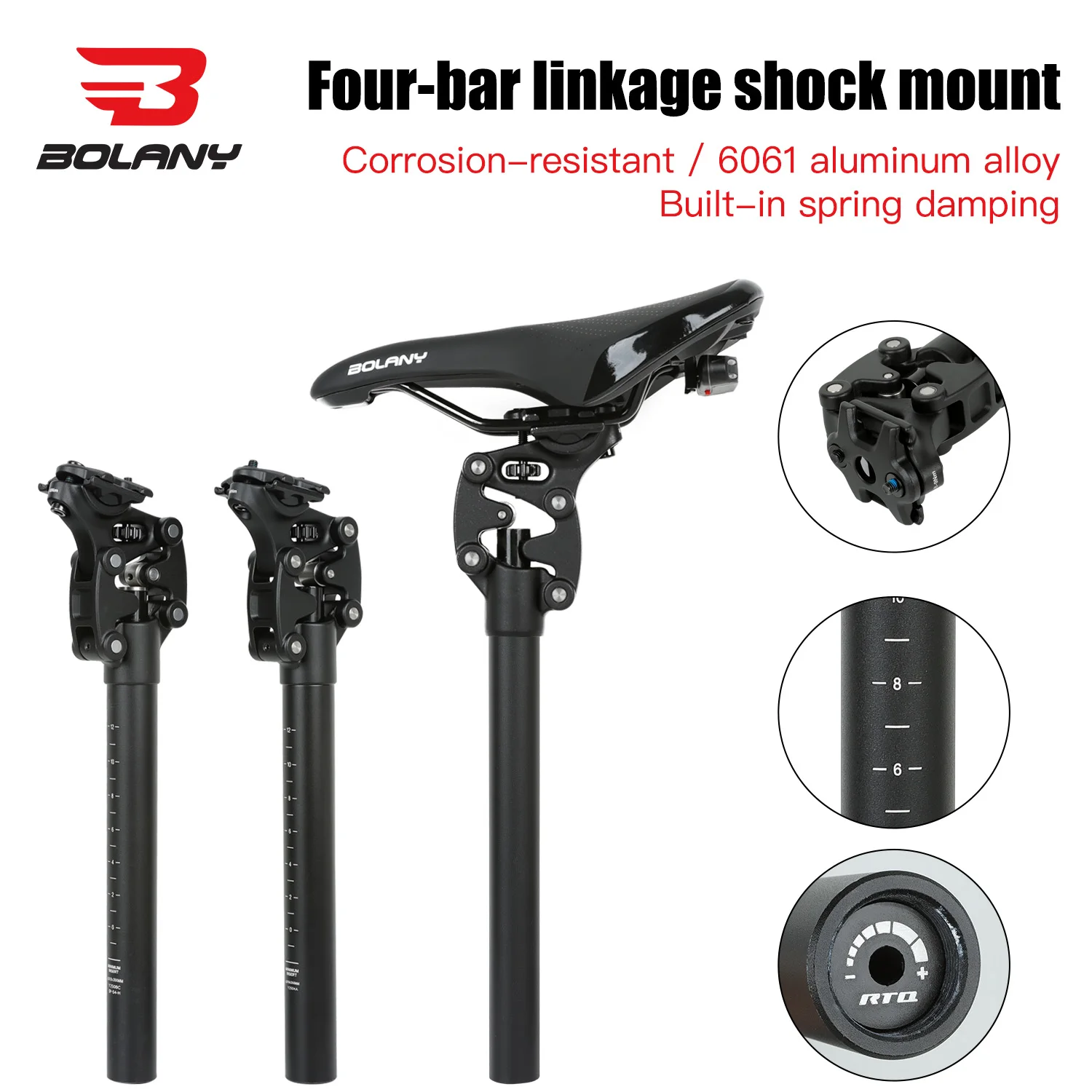 BOLANY Mountain Bike Seatpost Bicycle Four-link Suspension Seatpost Aluminum Alloy Seat Tube 27.2/30.9/31.6mm for MTB/Road Bikes