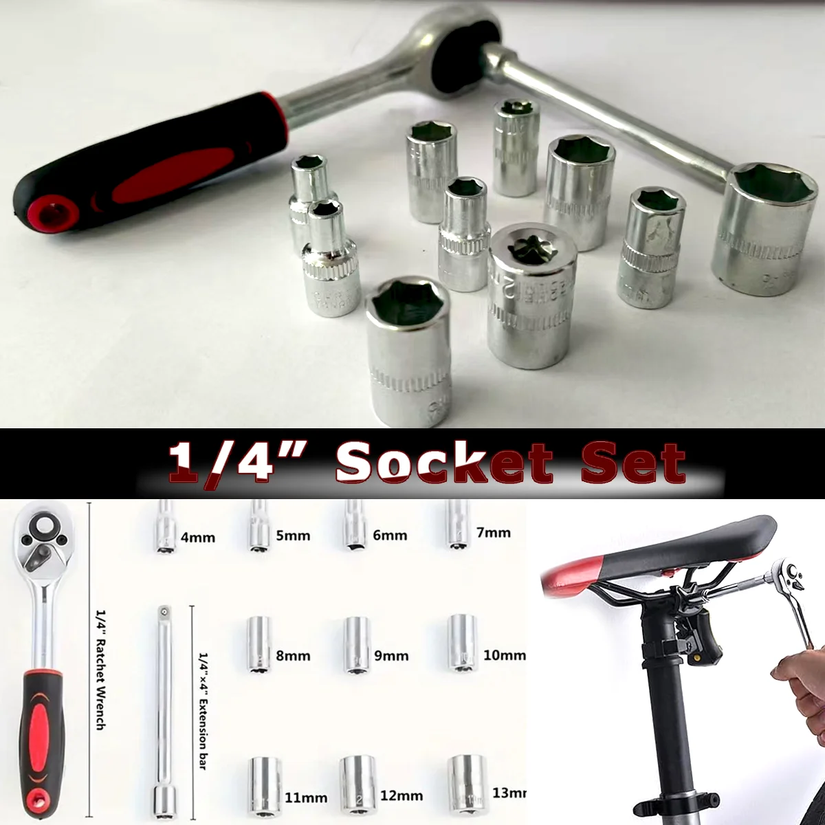 

Socket Automotive Repair Tool Set 12 Pcs 1/4" Quick Ratchet Wrench Hexagonal Automotive Maintenance Socket Wrench Tools