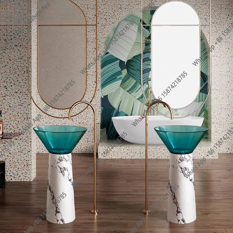 

Italian minimalist high-end marble column basin hotel art floor wash basin art basin customization
